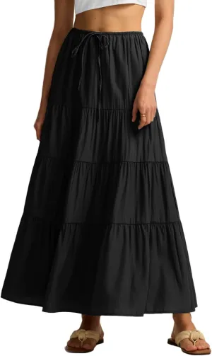 Maxi Skirts for Women Tiered Long Skirts Pleated A Line Adjustable Elastic Waist with Drawstring Flowy Long Skirt