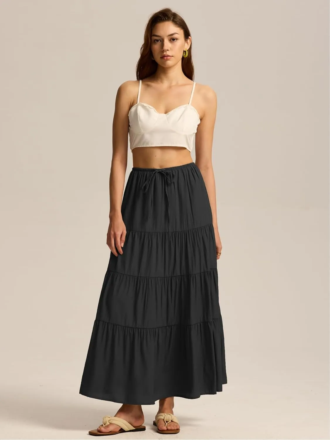 Maxi Skirts for Women Tiered Long Skirts Pleated A Line Adjustable Elastic Waist with Drawstring Flowy Long Skirt