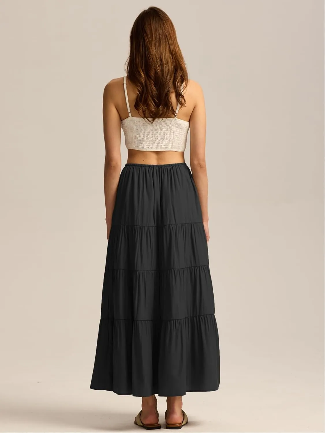 Maxi Skirts for Women Tiered Long Skirts Pleated A Line Adjustable Elastic Waist with Drawstring Flowy Long Skirt
