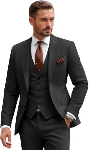 Men Slim Fit 3 Piece Suit Sets Wedding Suits 2 Button Blazer Peak Lapel Solid Suit Single Breasted Vest & Pants