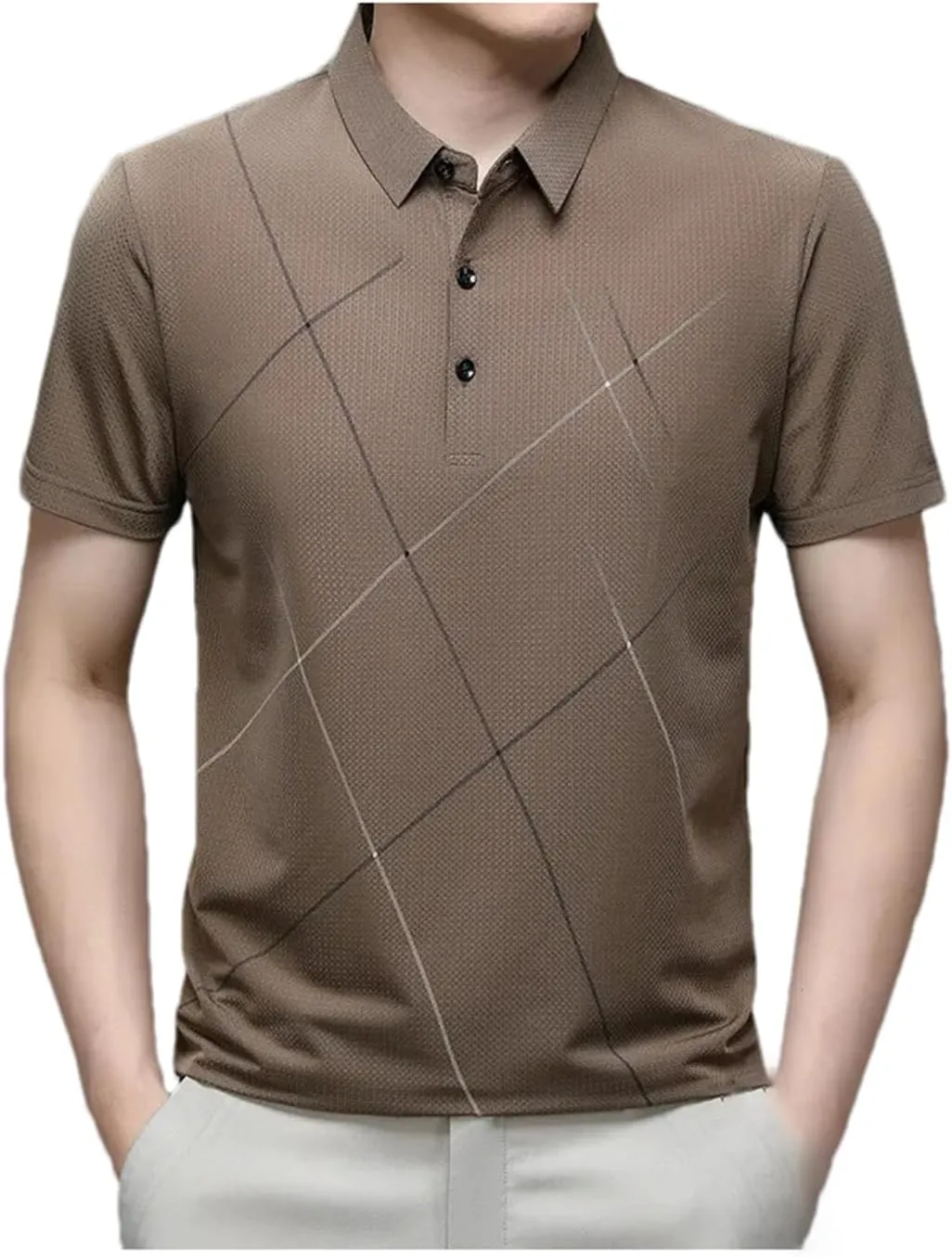 Men Summer Striped Polo Shirt Classic Fit Casual Short Sleeve Elasticity Quick-Dry Golf Shirt Tops