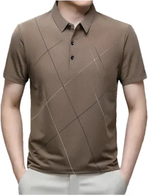 Men Summer Striped Polo Shirt Classic Fit Casual Short Sleeve Elasticity Quick-Dry Golf Shirt Tops