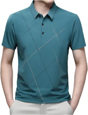 Men Summer Striped Polo Shirt Classic Fit Casual Short Sleeve Elasticity Quick-Dry Golf Shirt Tops