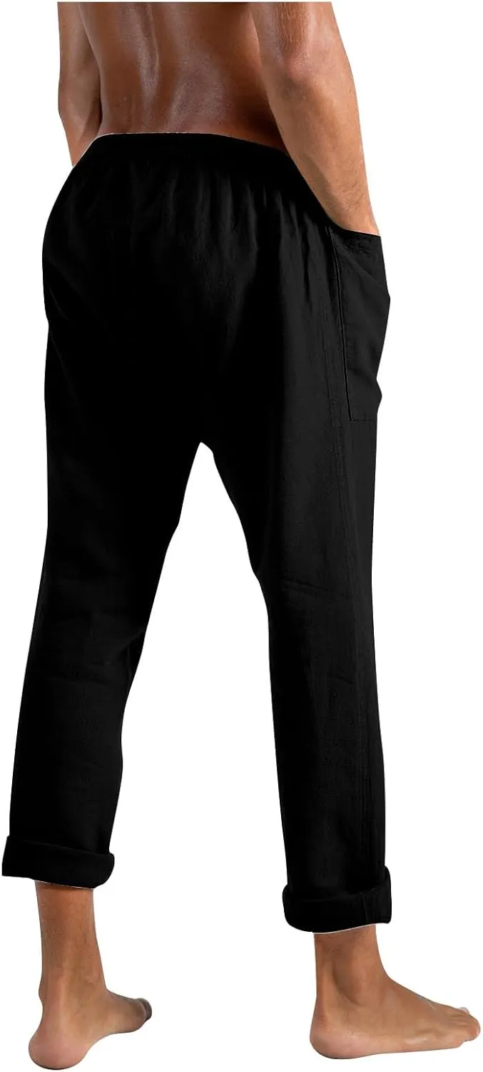 Mens Casual Elastic Waist Drawstring Cotton Linen Straight Lightweight Yoga Beach Summer Trousers Pants