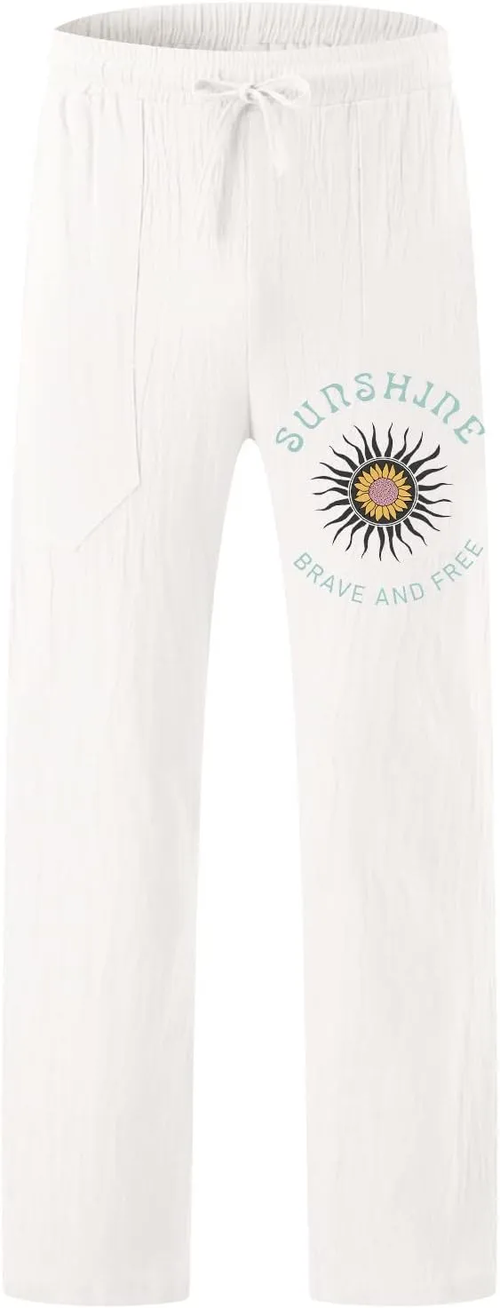 Men's Casual Summer Pants Beach Hawaiian Print Linen Pants Elastic Waist Drawstring Baggy Trousers with Pockets
