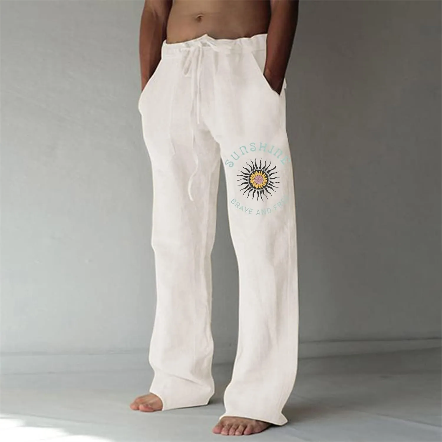 Men's Casual Summer Pants Beach Hawaiian Print Linen Pants Elastic Waist Drawstring Baggy Trousers with Pockets