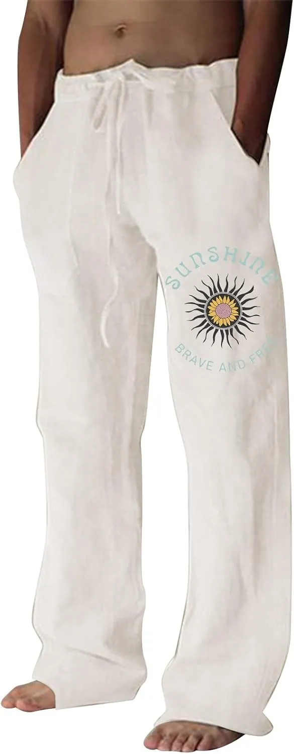 Men's Casual Summer Pants Beach Hawaiian Print Linen Pants Elastic Waist Drawstring Baggy Trousers with Pockets