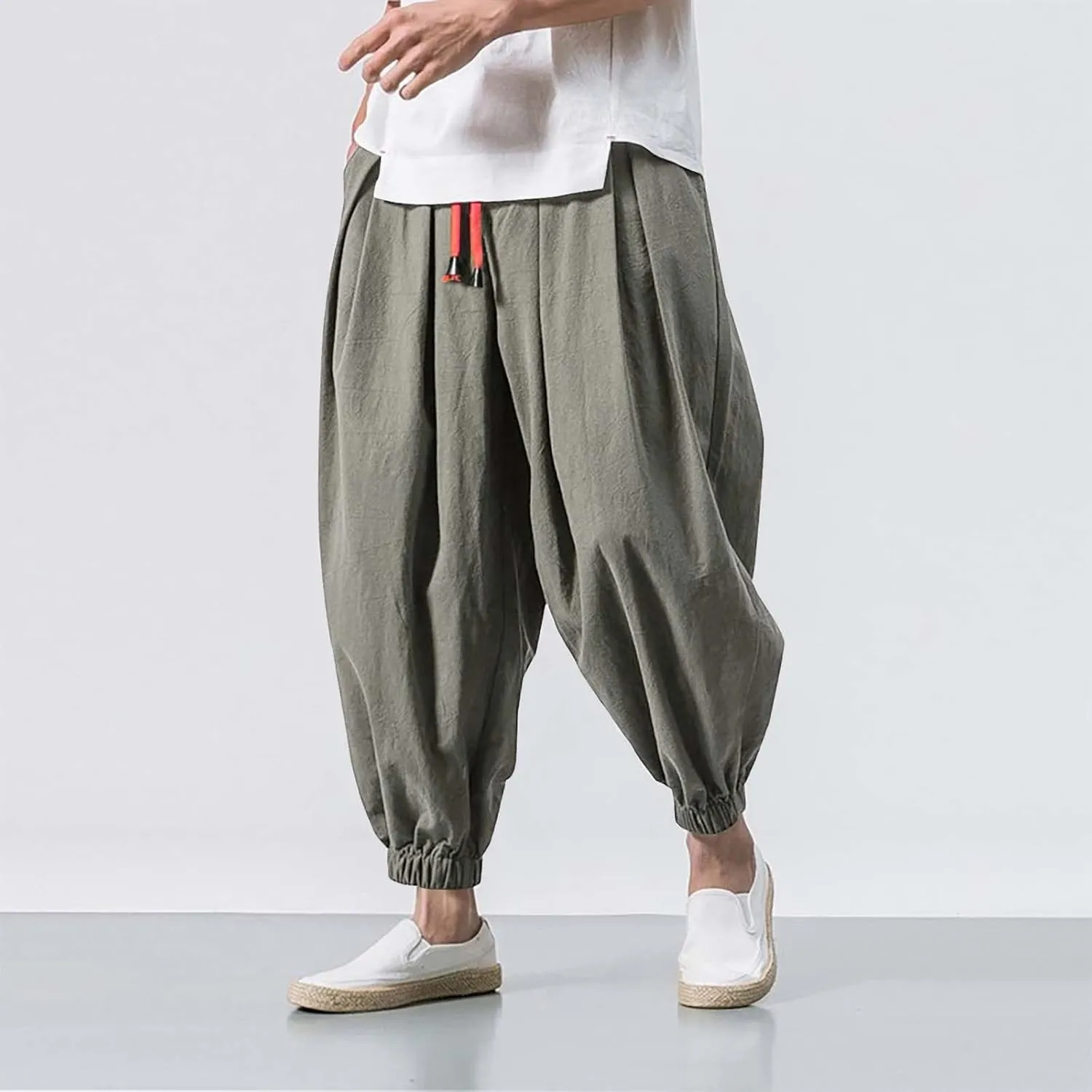 Men's Linen Harem Pants Baggy Hippie Casual Pants Stretchy Waist Drop Crotch Comfy Joggers Trousers with Pocket 2025