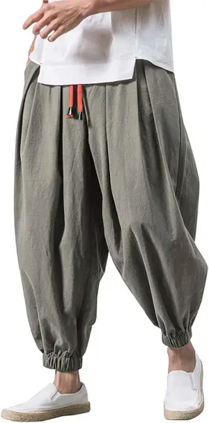 Men's Linen Harem Pants Baggy Hippie Casual Pants Stretchy Waist Drop Crotch Comfy Joggers Trousers with Pocket 2025