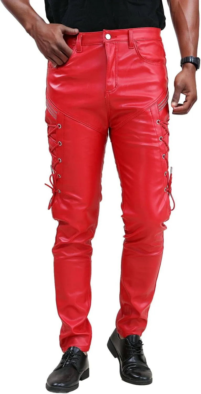 Men`s Rock Steampunk Lace Up PU Leather Pants Slim Fit
