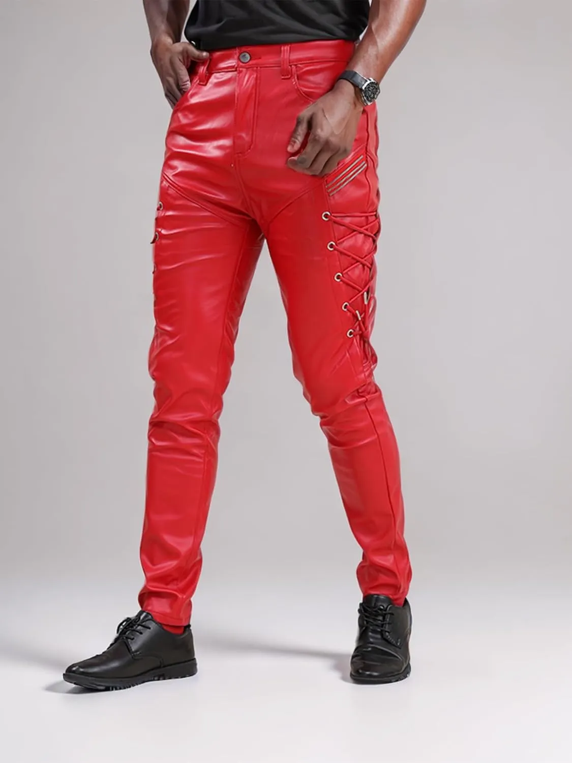 Men`s Rock Steampunk Lace Up PU Leather Pants Slim Fit
