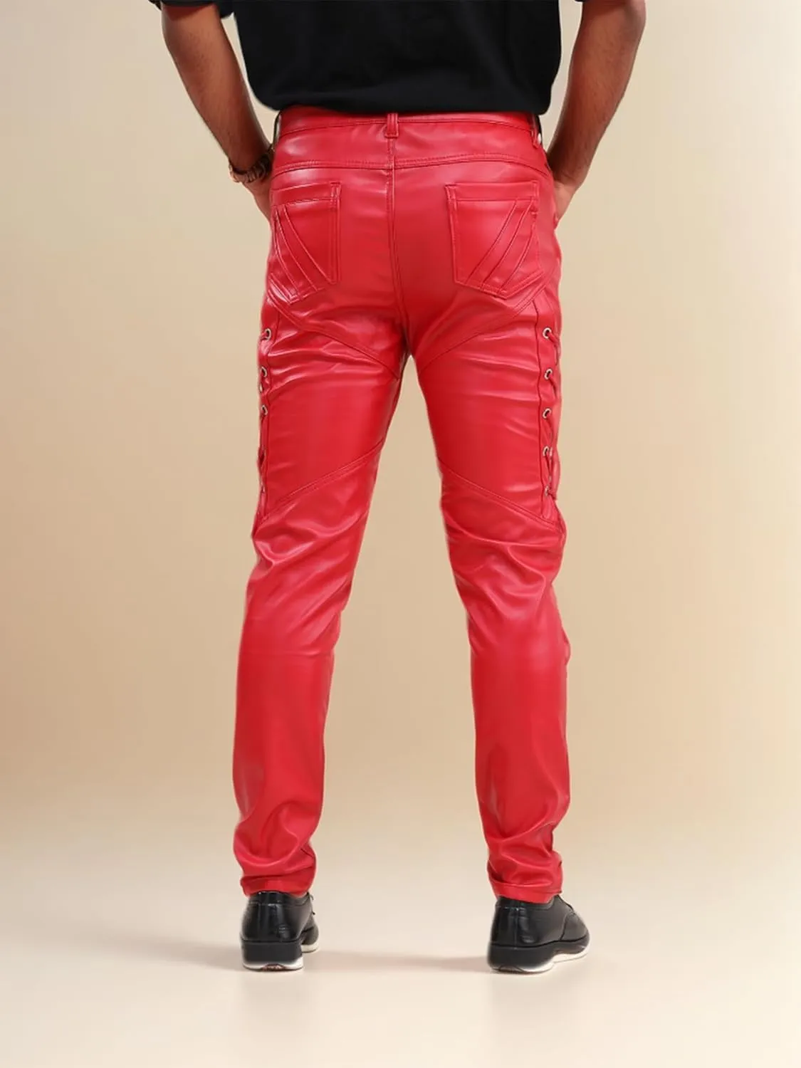 Men`s Rock Steampunk Lace Up PU Leather Pants Slim Fit