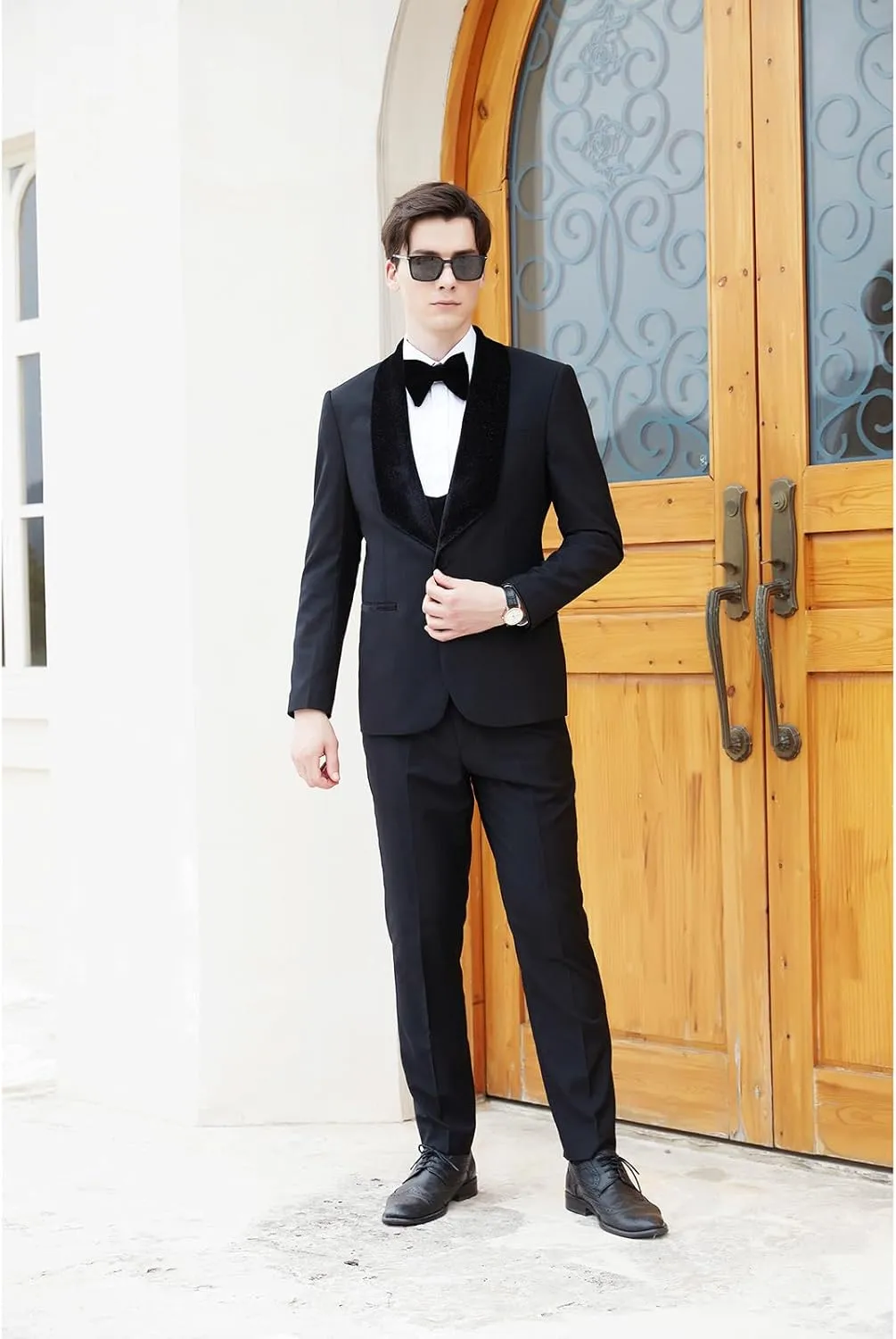 Men's Slim Fit Tuxedo, Shiny Velvet Shawl Collar 3 Piece Suit, Party Jacket Vest Pants & Bow Tie Set