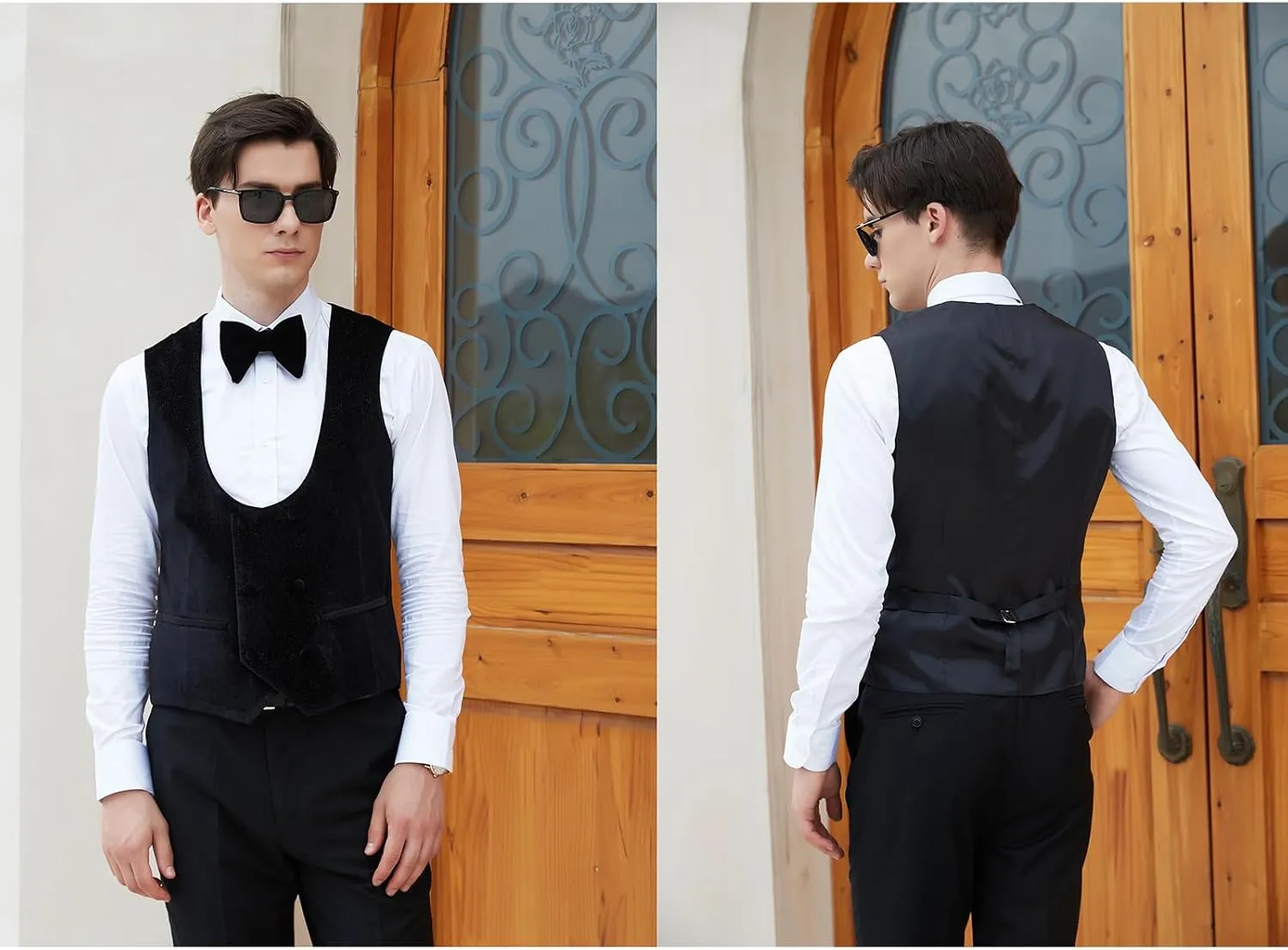 Men's Slim Fit Tuxedo, Shiny Velvet Shawl Collar 3 Piece Suit, Party Jacket Vest Pants & Bow Tie Set