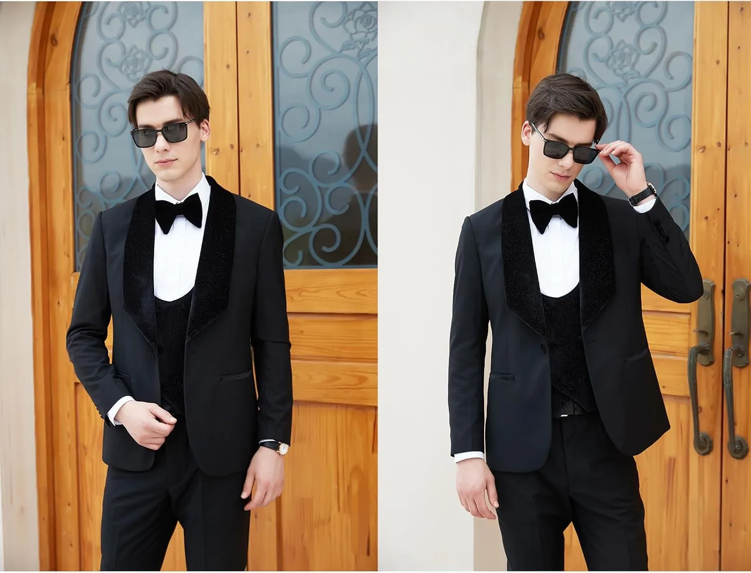 Men's Slim Fit Tuxedo, Shiny Velvet Shawl Collar 3 Piece Suit, Party Jacket Vest Pants & Bow Tie Set