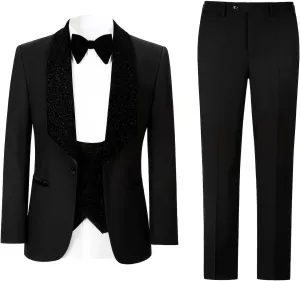 Men's Slim Fit Tuxedo, Shiny Velvet Shawl Collar 3 Piece Suit, Party Jacket Vest Pants & Bow Tie Set