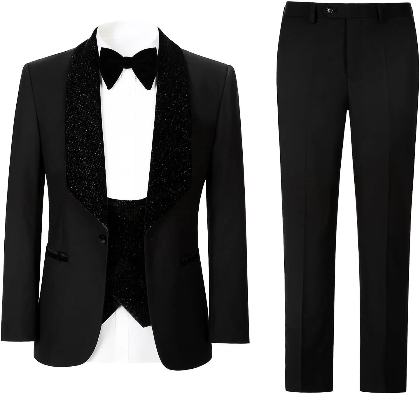 Men's Slim Fit Tuxedo, Shiny Velvet Shawl Collar 3 Piece Suit, Party Jacket Vest Pants & Bow Tie Set