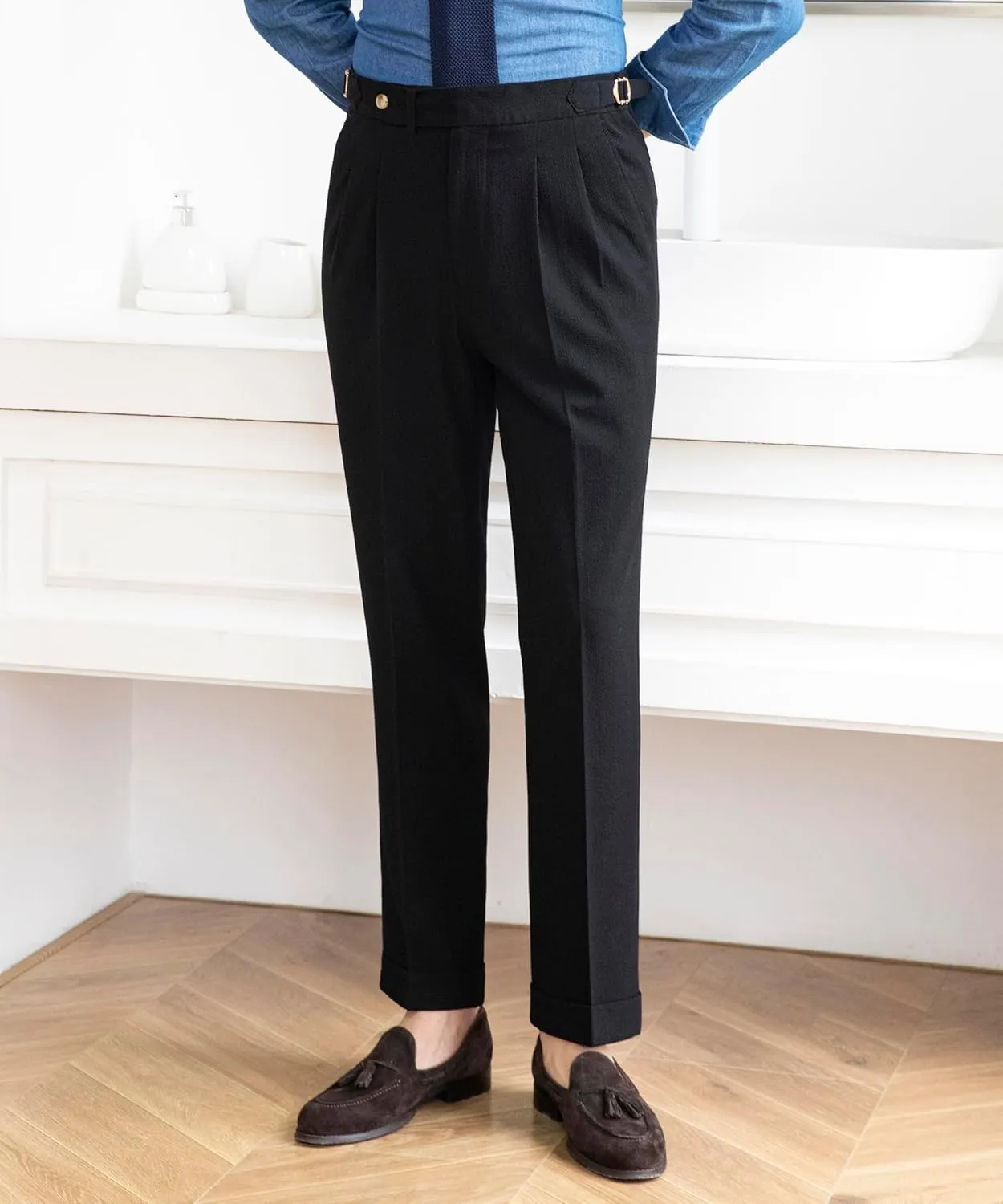 Men's Spring/Summer Thin Style Bubble Fabric Classic Gurkha Naples Italian Old Money Style Dress Pants