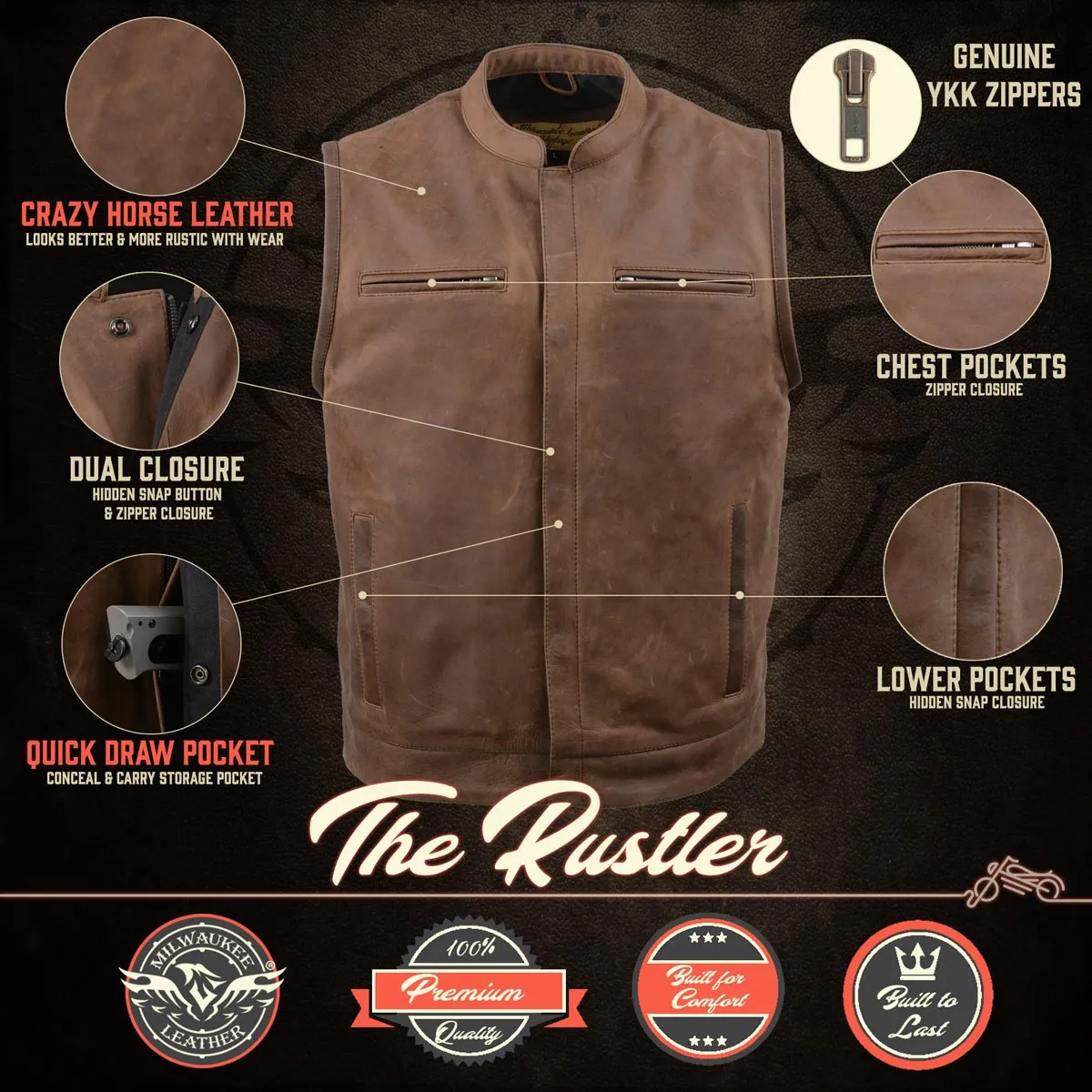 Milwaukee Leather MLM3519 Men's “Gambler” Crazy Horse Brown Vintage