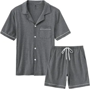 MoFiz Men's Cotton Pajamas Sets Sleepwear Short Sleeve Button Down Shirt and Pants Loungewear Soft Pjs Lounge Set