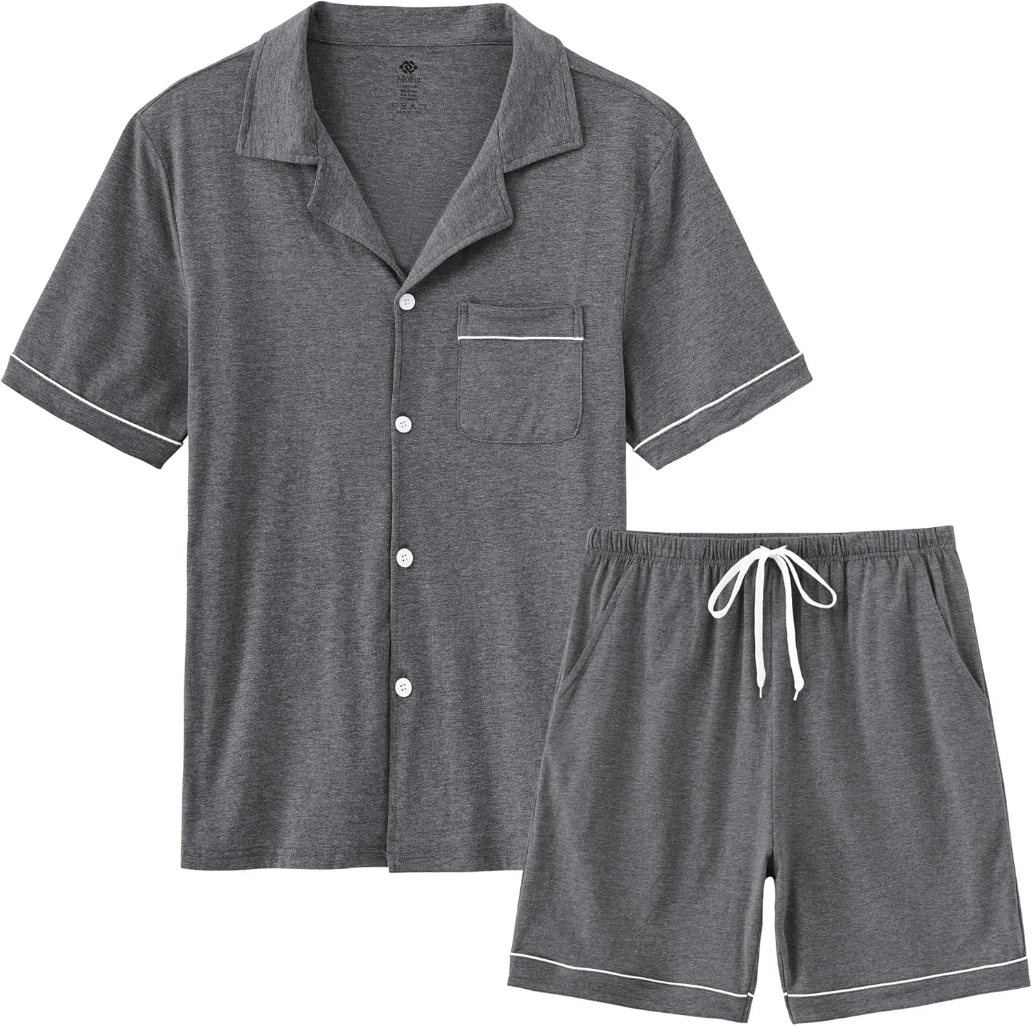 MoFiz Men's Cotton Pajamas Sets Sleepwear Short Sleeve Button Down Shirt and Pants Loungewear Soft Pjs Lounge Set