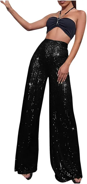 NATHGAM Sequin Pants for Women Elastic High Waist Wide Leg Pants Lounge Palazzo Pants Sequin Flare Bottoms Club Trousers