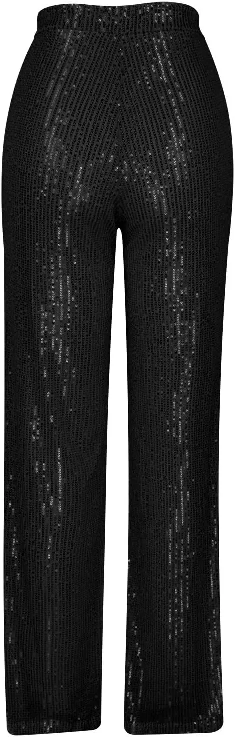 NATHGAM Sequin Pants for Women Elastic High Waist Wide Leg Pants Lounge Palazzo Pants Sequin Flare Bottoms Club Trousers
