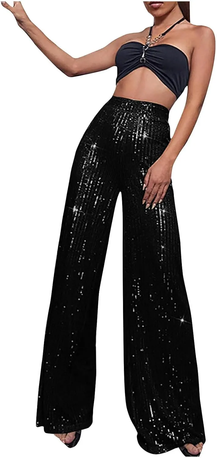 NATHGAM Sequin Pants for Women Elastic High Waist Wide Leg Pants Lounge Palazzo Pants Sequin Flare Bottoms Club Trousers