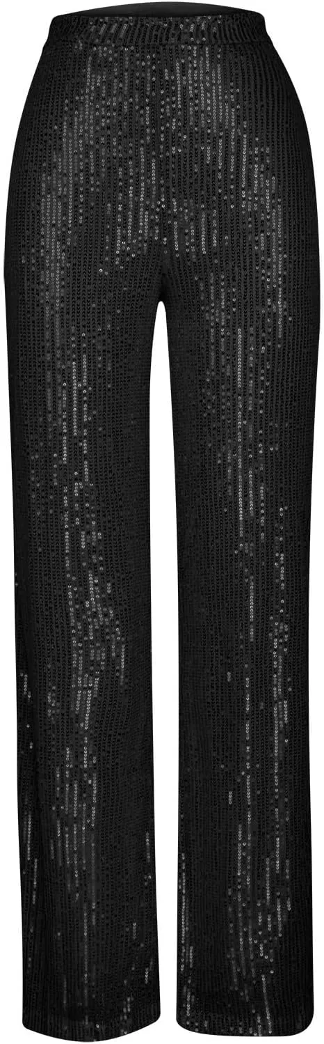 NATHGAM Sequin Pants for Women Elastic High Waist Wide Leg Pants Lounge Palazzo Pants Sequin Flare Bottoms Club Trousers