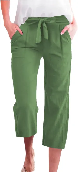 NBXNZWF Capri Pants for Women Casual Summer Cotton Linen Pants Wide Leg Drawstring Elastic High Waist Cropped Trousers