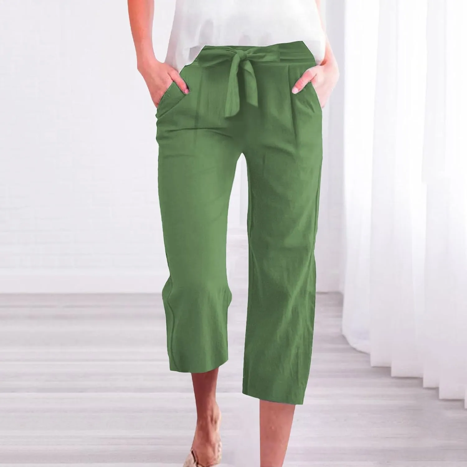 NBXNZWF Capri Pants for Women Casual Summer Cotton Linen Pants Wide Leg Drawstring Elastic High Waist Cropped Trousers