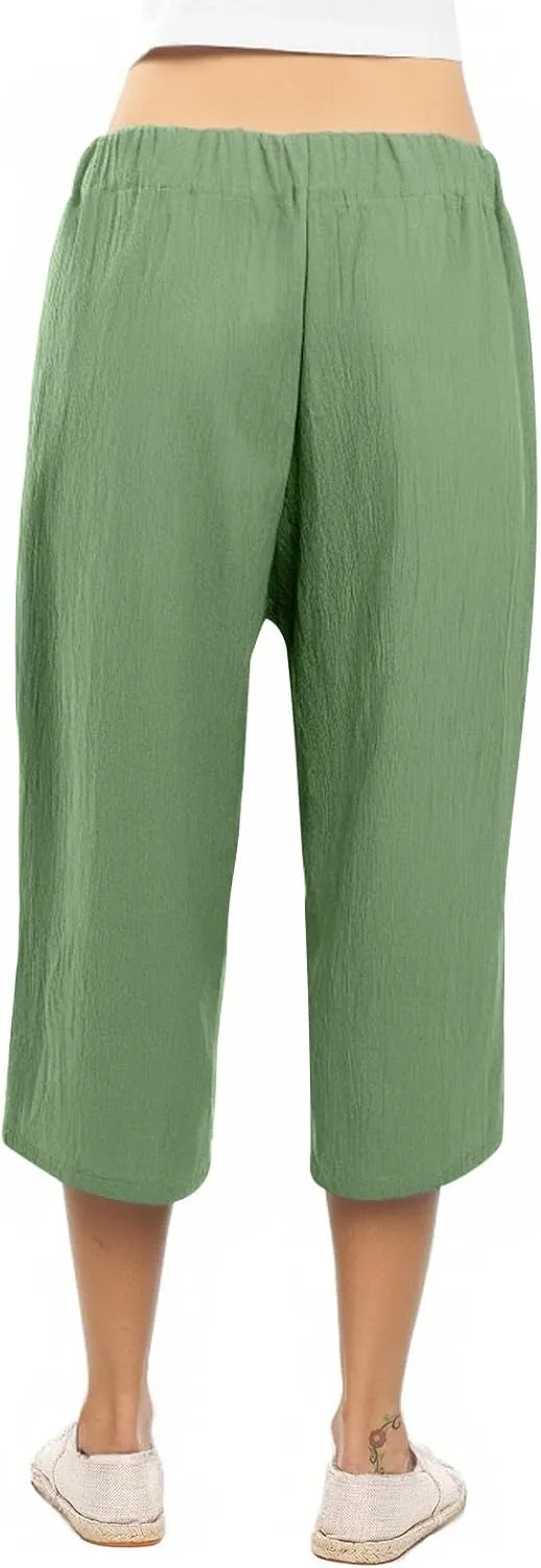 NBXNZWF Capri Pants for Women Casual Summer Cotton Linen Pants Wide Leg Drawstring Elastic High Waist Cropped Trousers