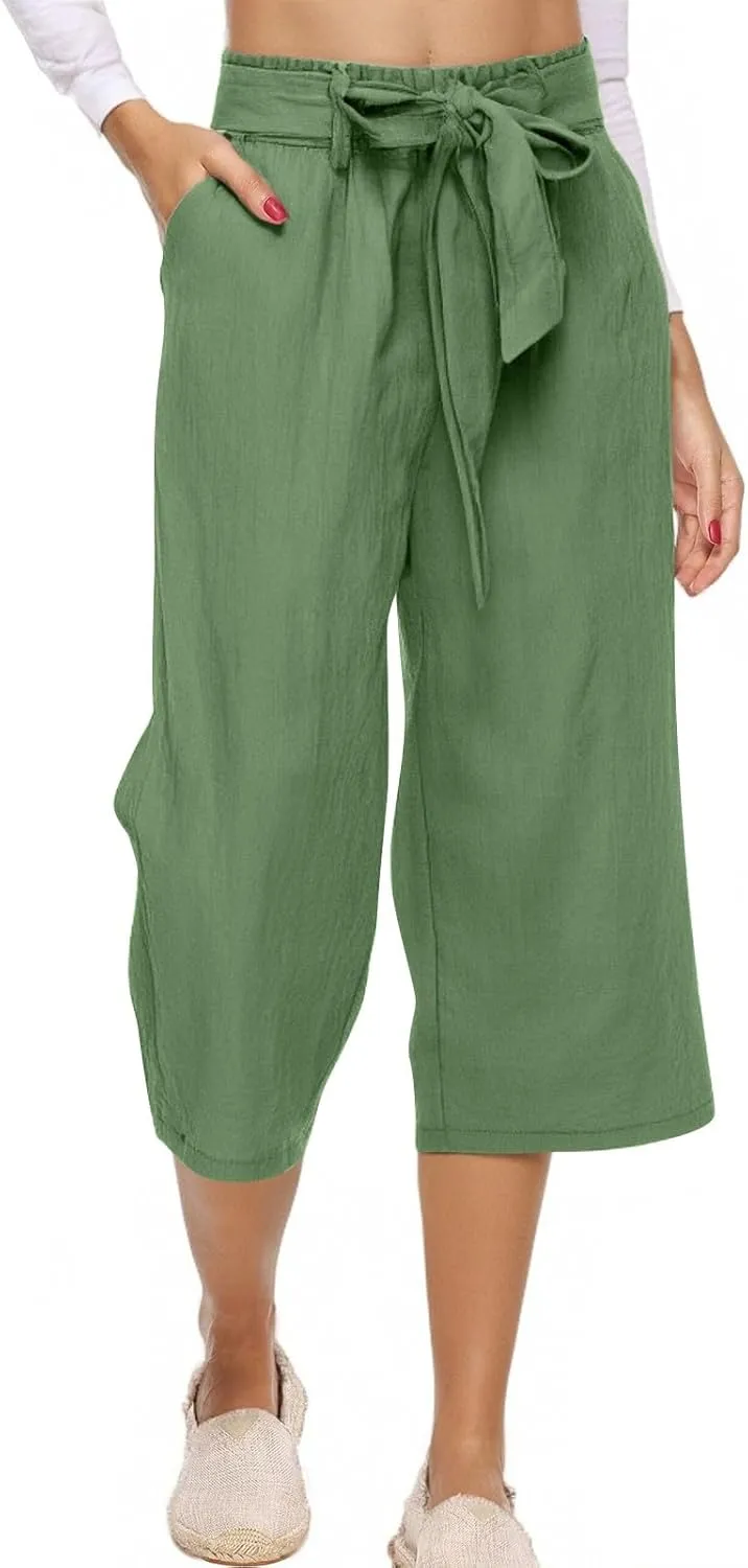 NBXNZWF Capri Pants for Women Casual Summer Cotton Linen Pants Wide Leg Drawstring Elastic High Waist Cropped Trousers