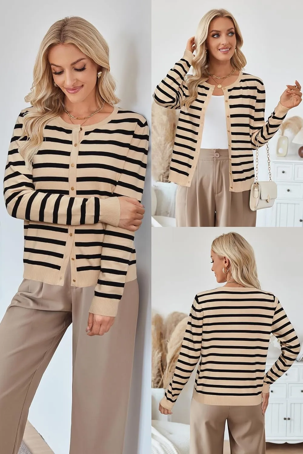 Newshows Women's Lightweight Button Down Cardigan Long Sleeve Casual Crew Neck Soft Knit Cardigans Sweater Tops