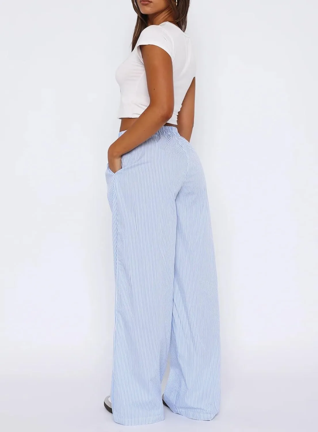 NUFIWI Women Y2k Lounge Pants High Waist Striped Printed Wide Leg Pants Summer Casual Going Out Pants with Pocket