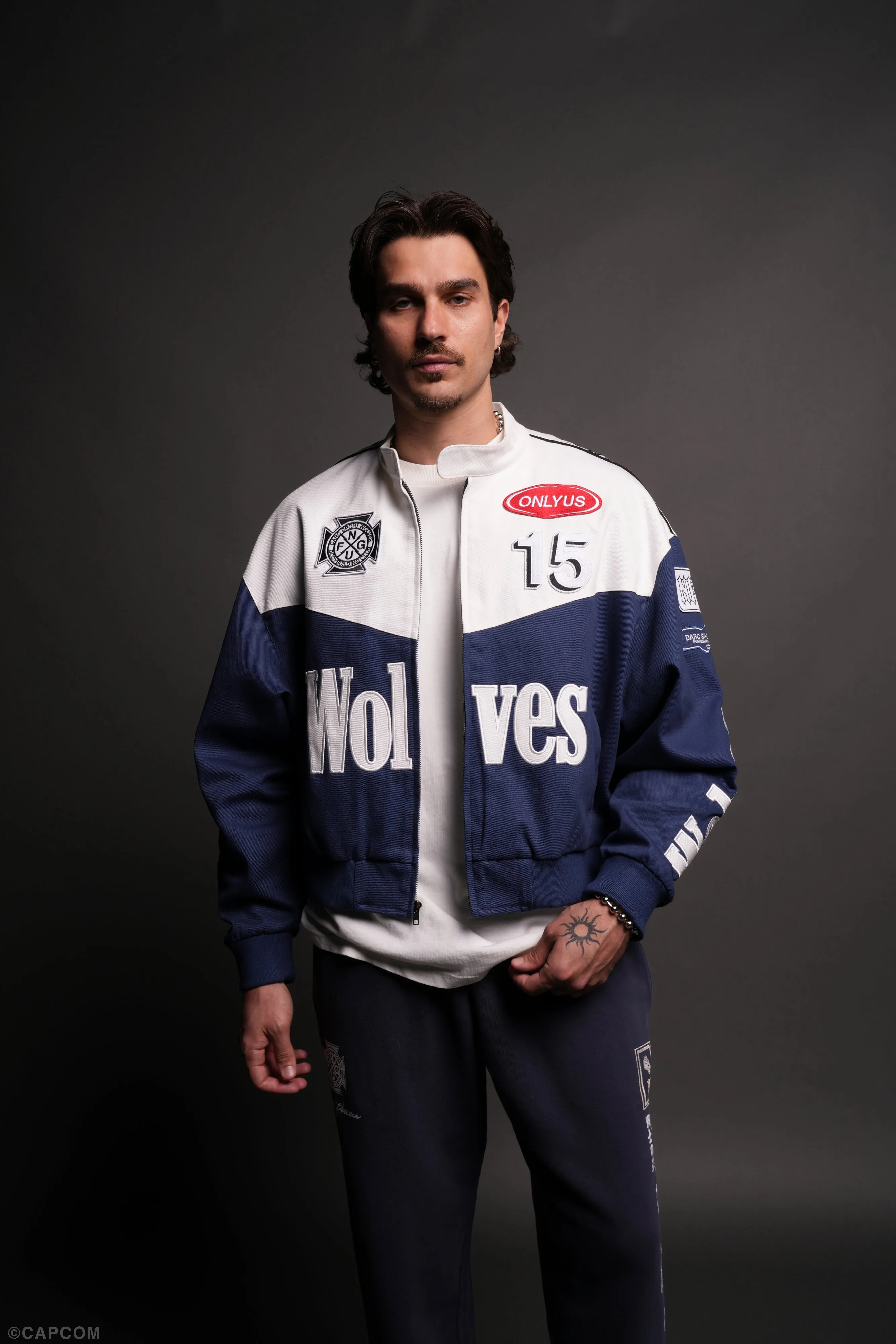 ONLYUS Gordon Unisex Racing Jacket in White/Blue