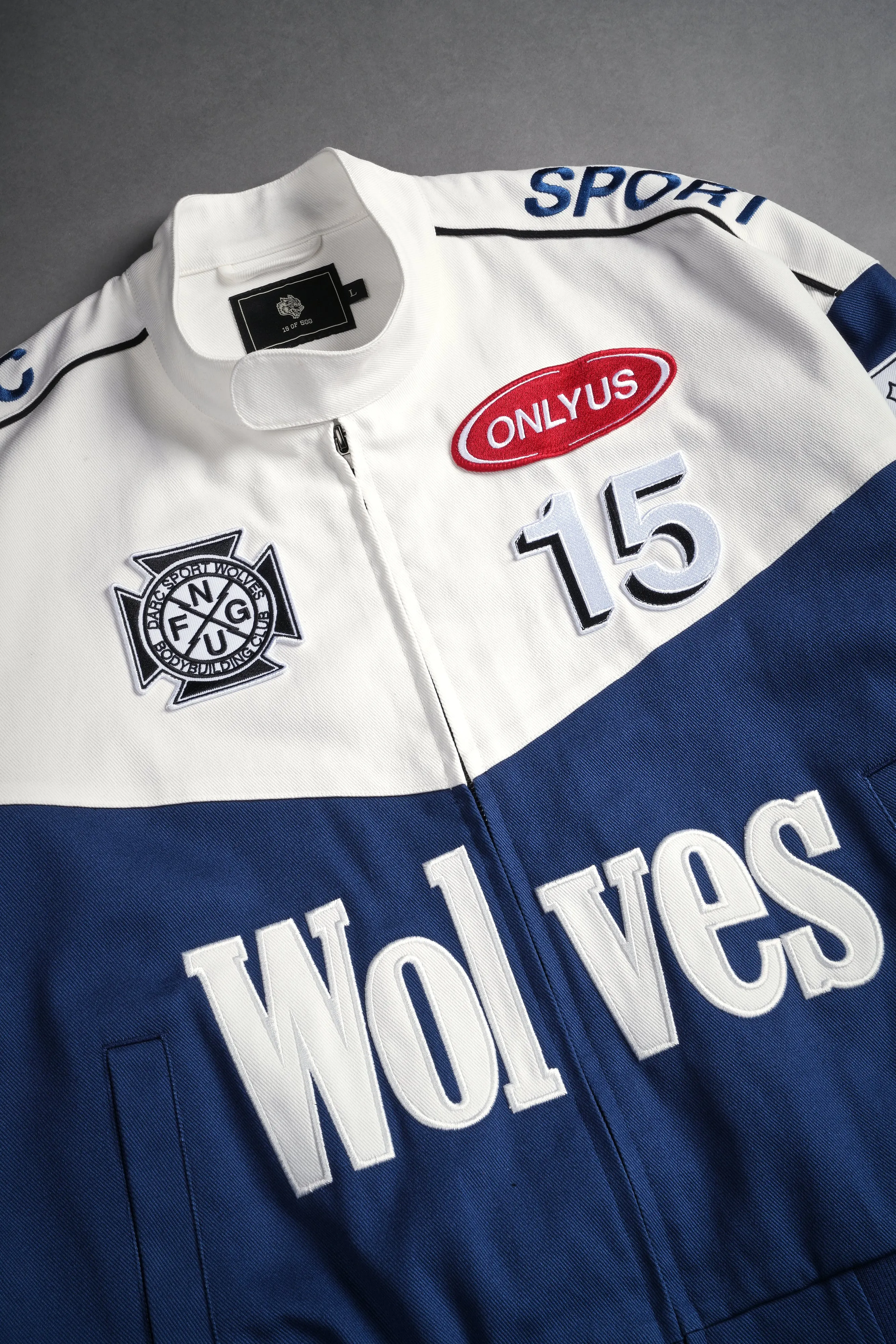 ONLYUS Gordon Unisex Racing Jacket in White/Blue