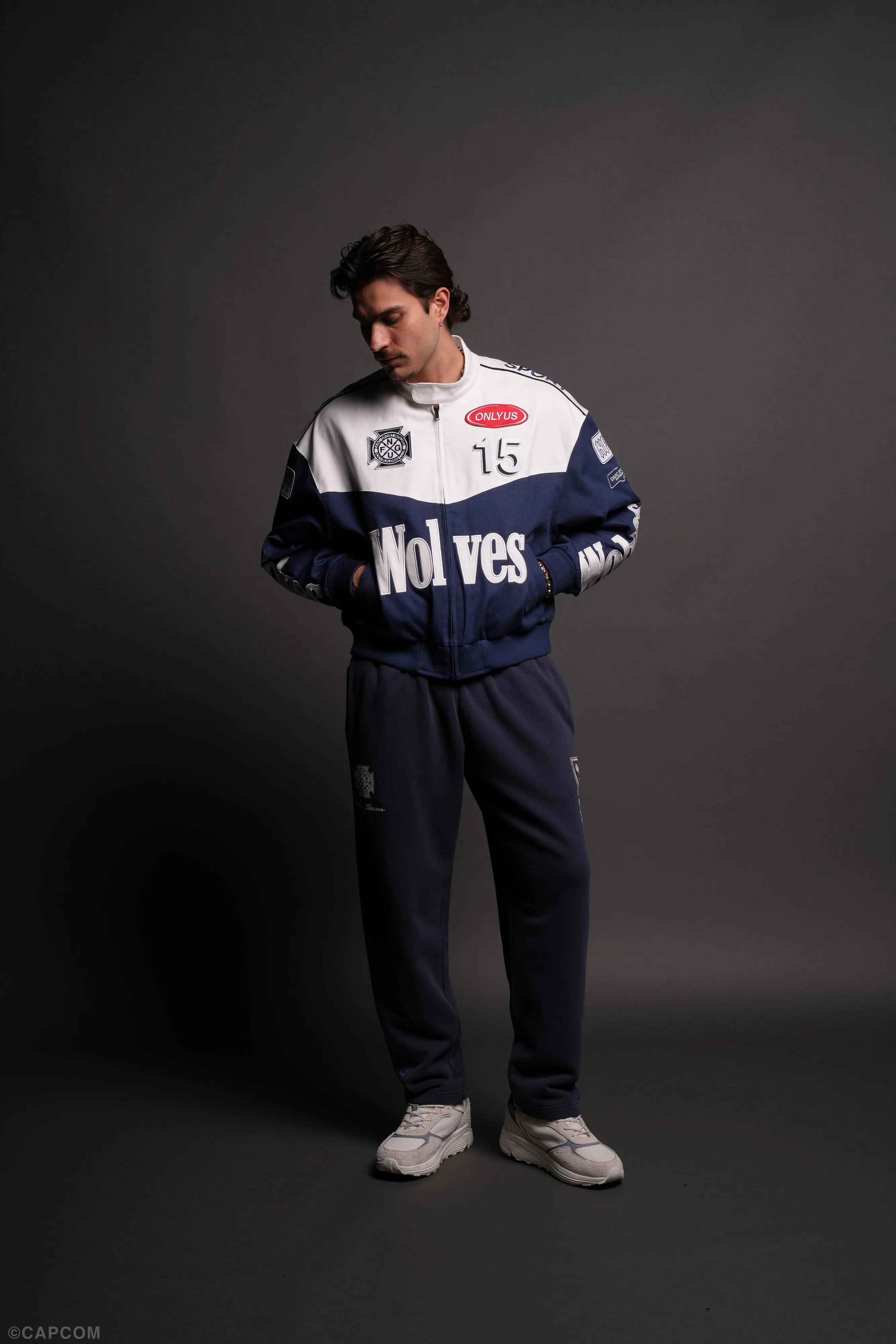 ONLYUS Gordon Unisex Racing Jacket in White/Blue