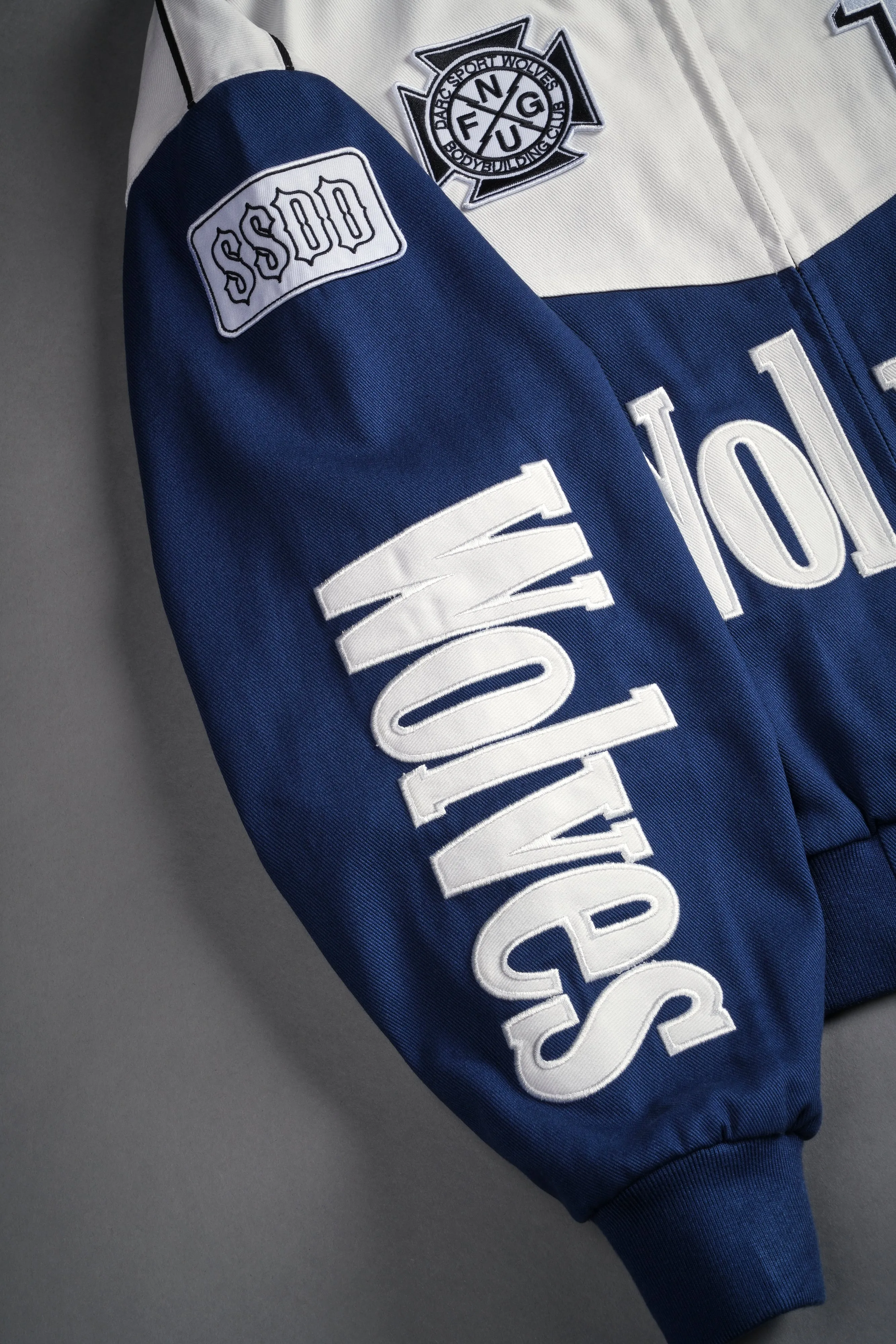 ONLYUS Gordon Unisex Racing Jacket in White/Blue