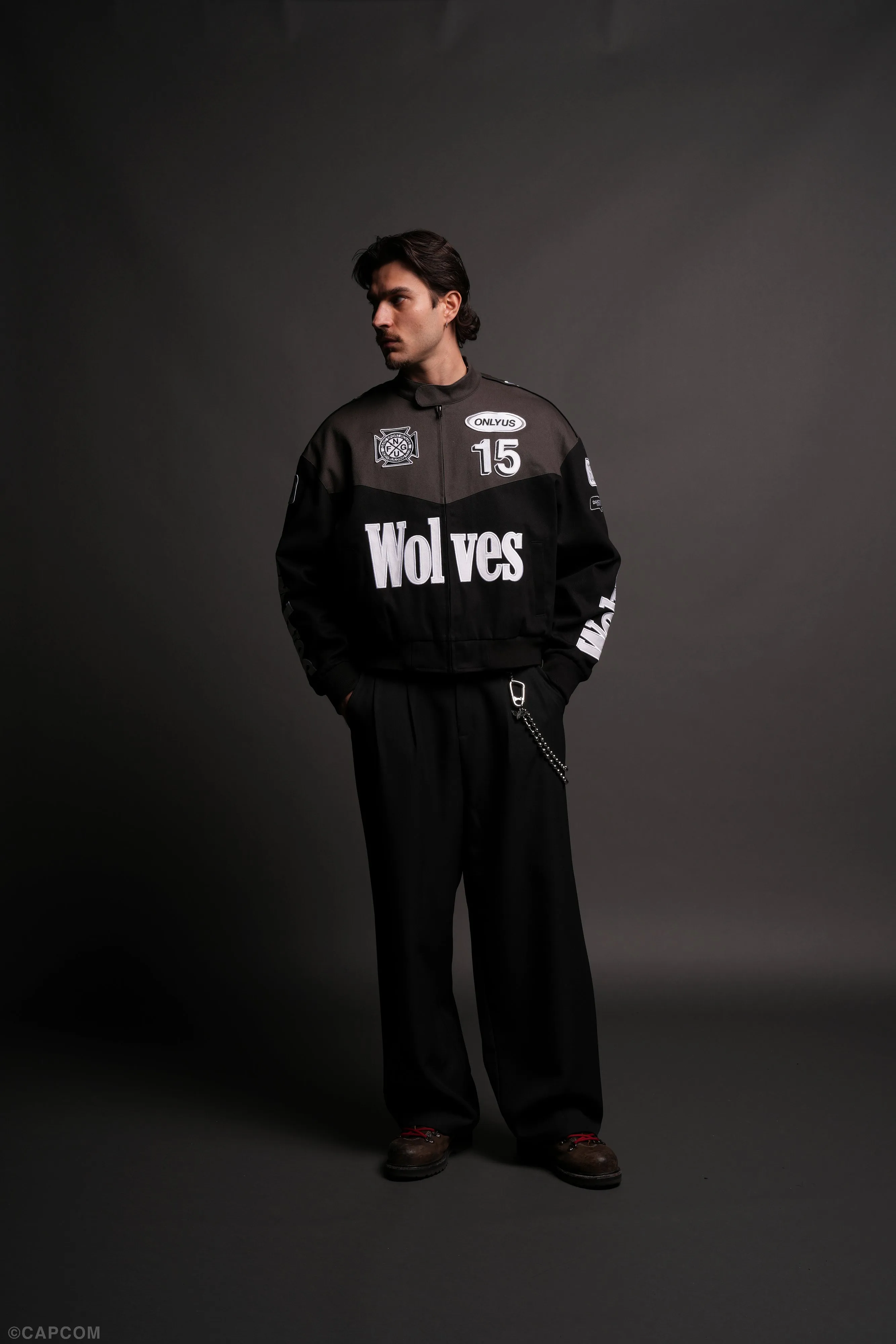 ONLYUS Gordon Unisex Racing Jacket in Wolf Gray/Black