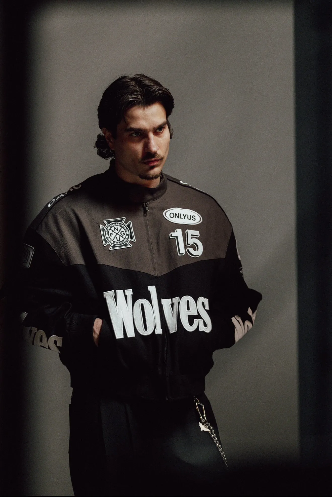 ONLYUS Gordon Unisex Racing Jacket in Wolf Gray/Black