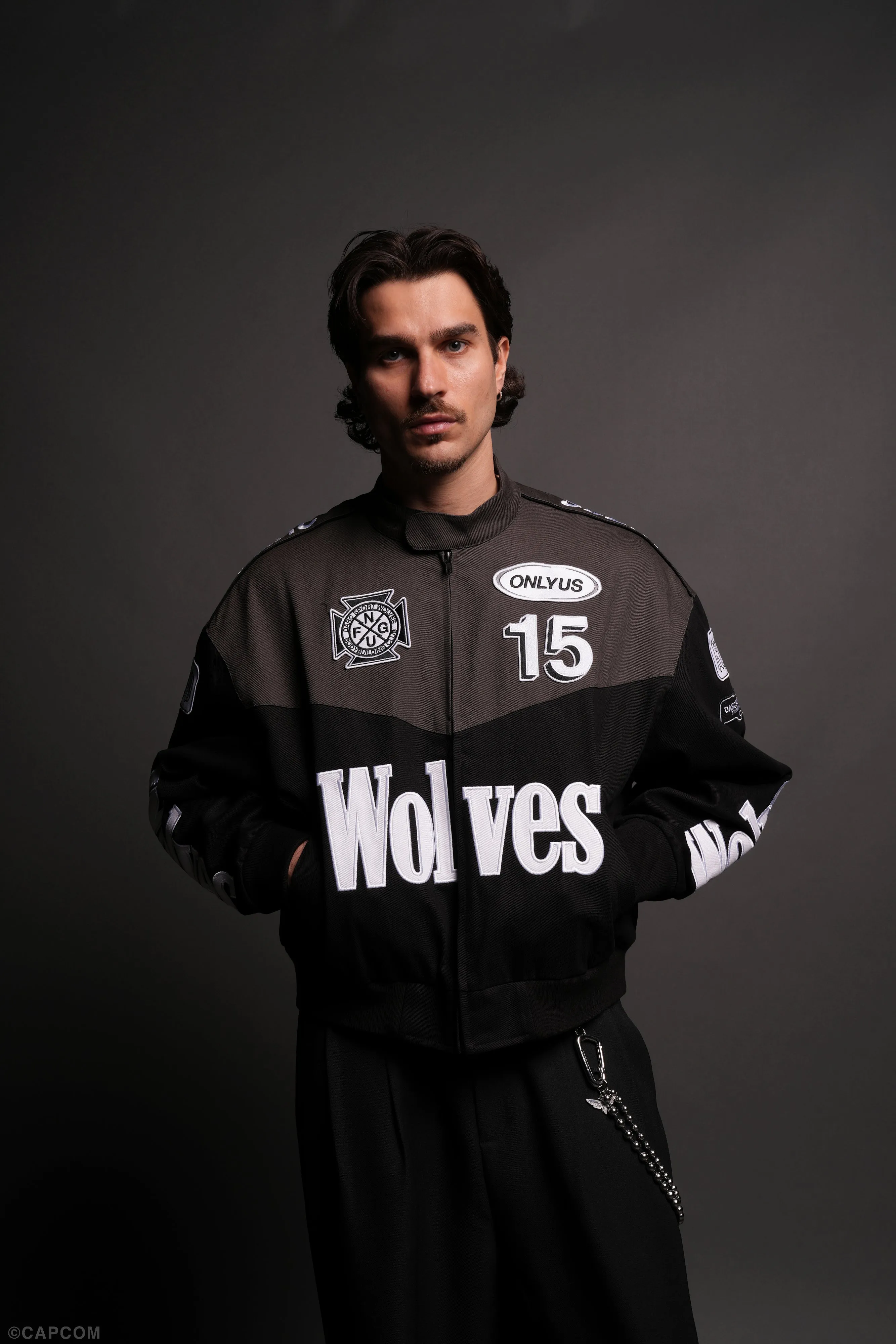 ONLYUS Gordon Unisex Racing Jacket in Wolf Gray/Black
