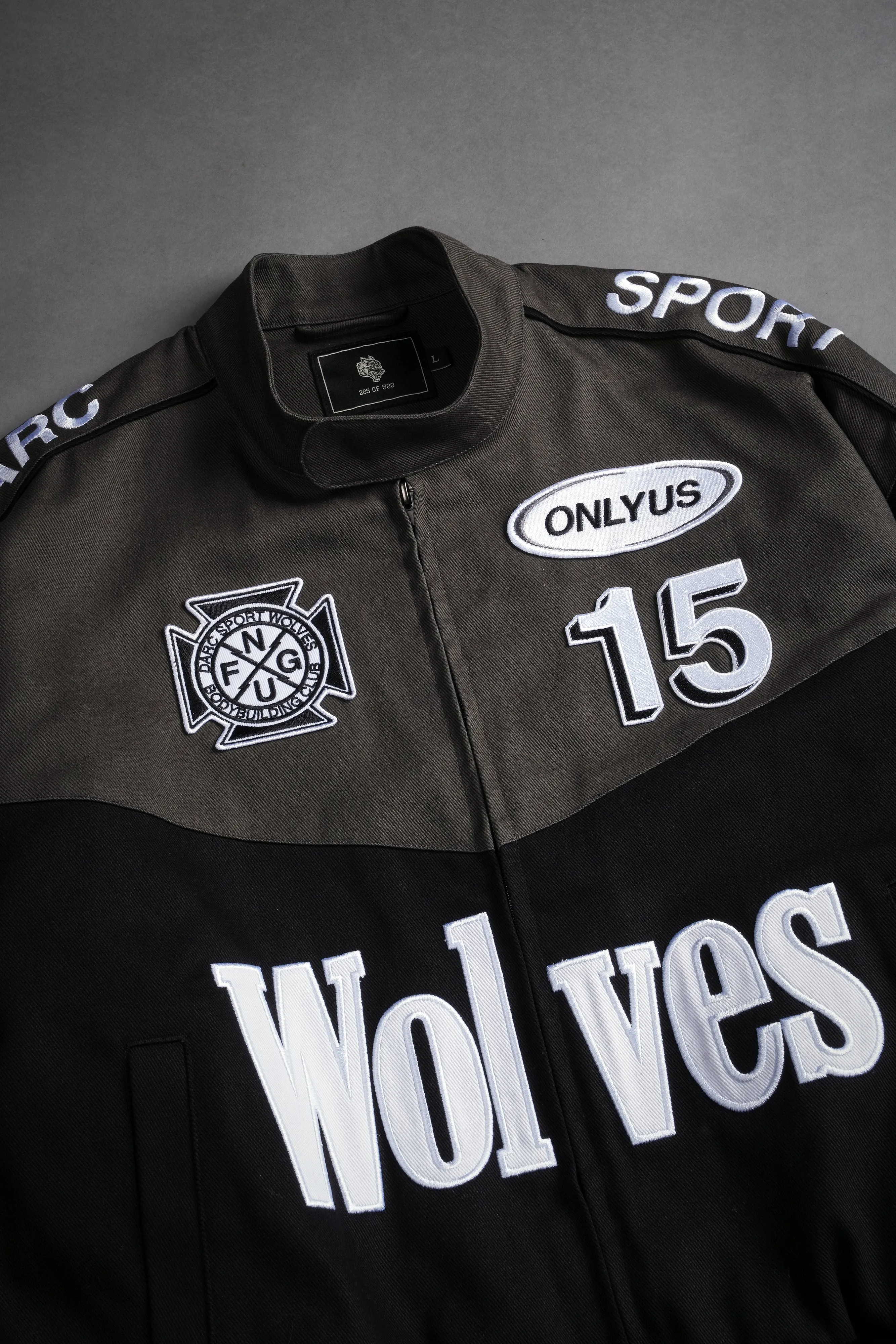 ONLYUS Gordon Unisex Racing Jacket in Wolf Gray/Black