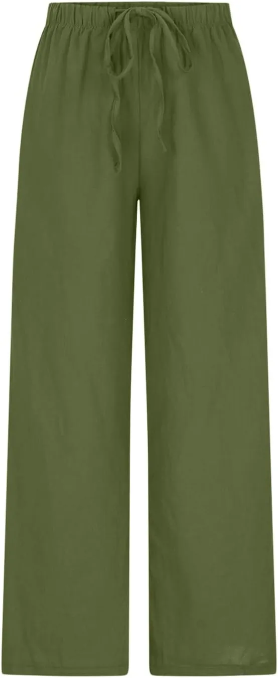 Oplxuo Women's Cotton Linen Palazzo Pants Summer Flowy Wide Leg Beach Trousers Drawstring Stretchy Lounge Pants with Pockets