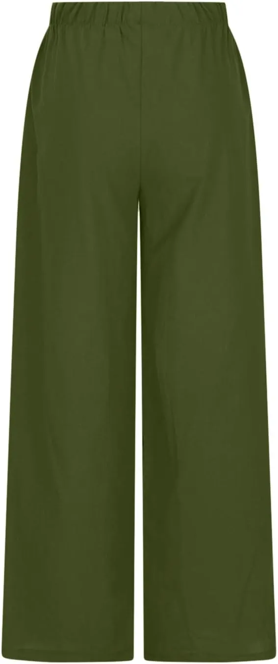 Oplxuo Women's Cotton Linen Palazzo Pants Summer Flowy Wide Leg Beach Trousers Drawstring Stretchy Lounge Pants with Pockets