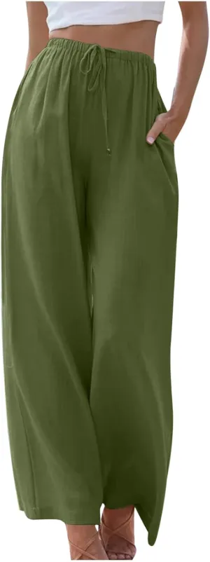 Oplxuo Women's Cotton Linen Palazzo Pants Summer Flowy Wide Leg Beach Trousers Drawstring Stretchy Lounge Pants with Pockets
