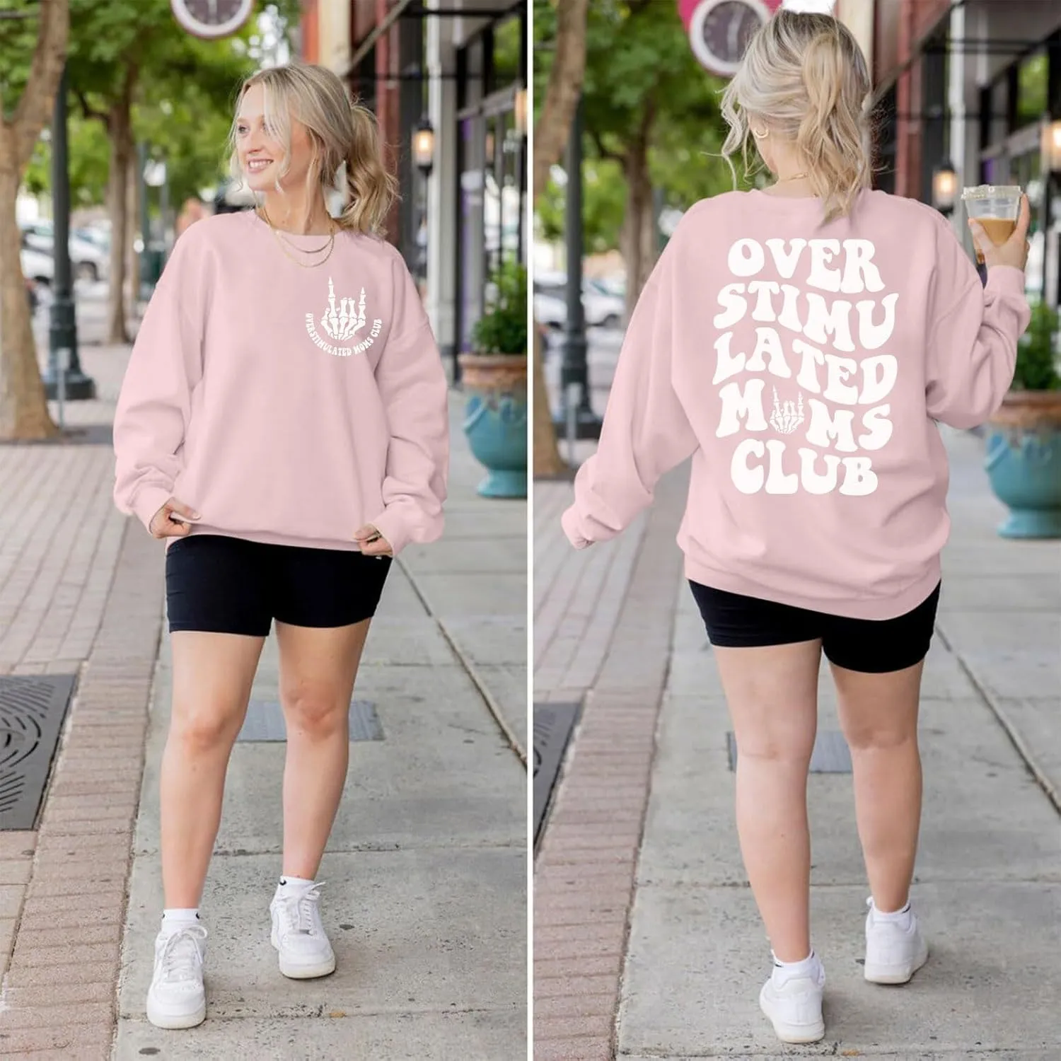 Oversized Overstimulated Moms Club Sweatshirt for Women Cool Skeleton Graphic Mama Sweatshirts Funny Hoodie Pullover