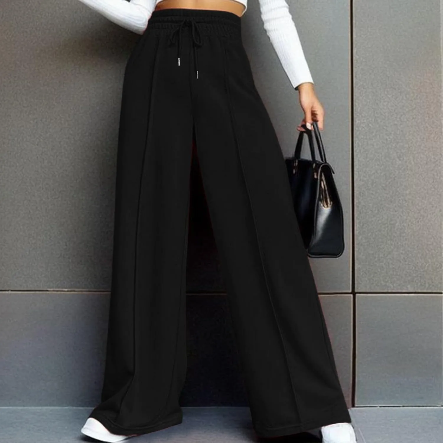 Oversized Wide Leg Sweatpants Women Elastic Drawstring Baggy Straight Leg Open Bottom Lounge Comfy Joggers Trousers
