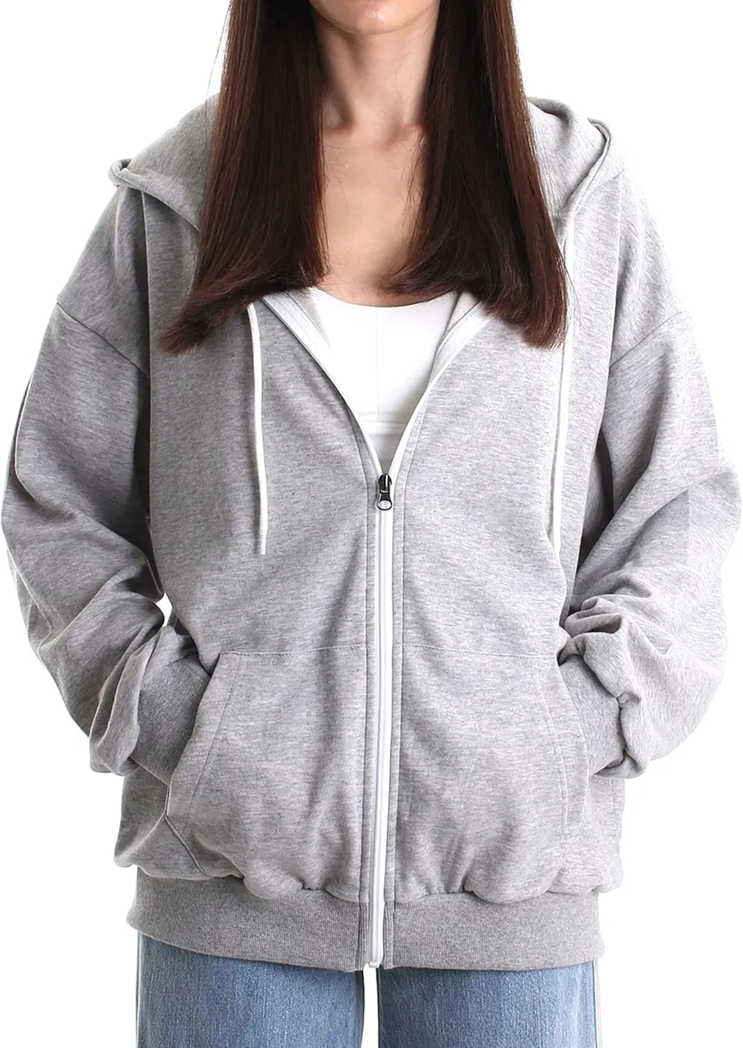 Oversized Women's Casual Full-Zip Hoodie Lightweight Long Sleeve Sweatshirt Casual Jacket with Pocket