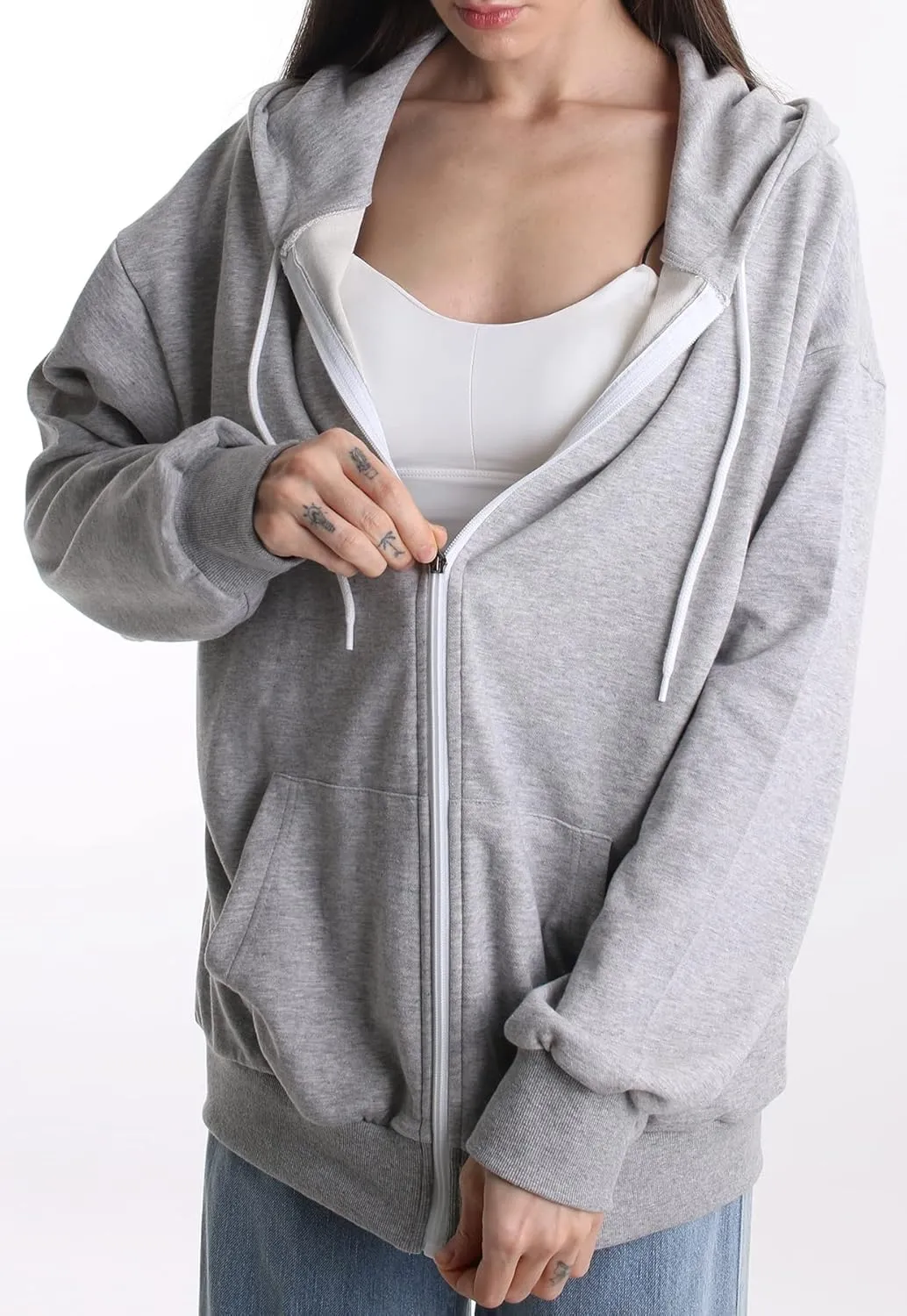 Oversized Women's Casual Full-Zip Hoodie Lightweight Long Sleeve Sweatshirt Casual Jacket with Pocket